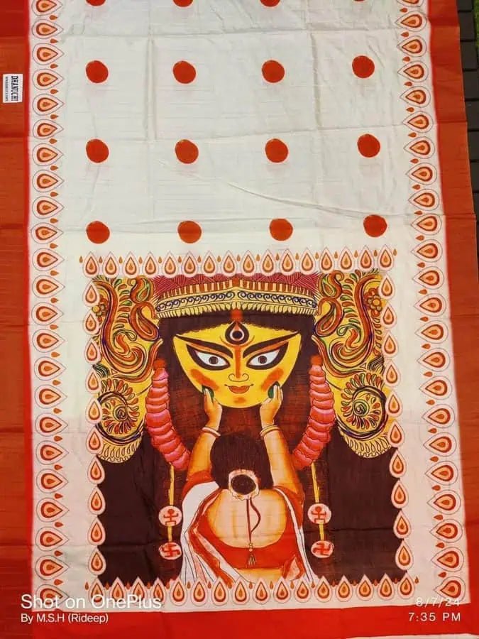 White Silk Cotton Saree with Red Border - Maa Durga Festive Wear - Saree - Aakritee - S10681