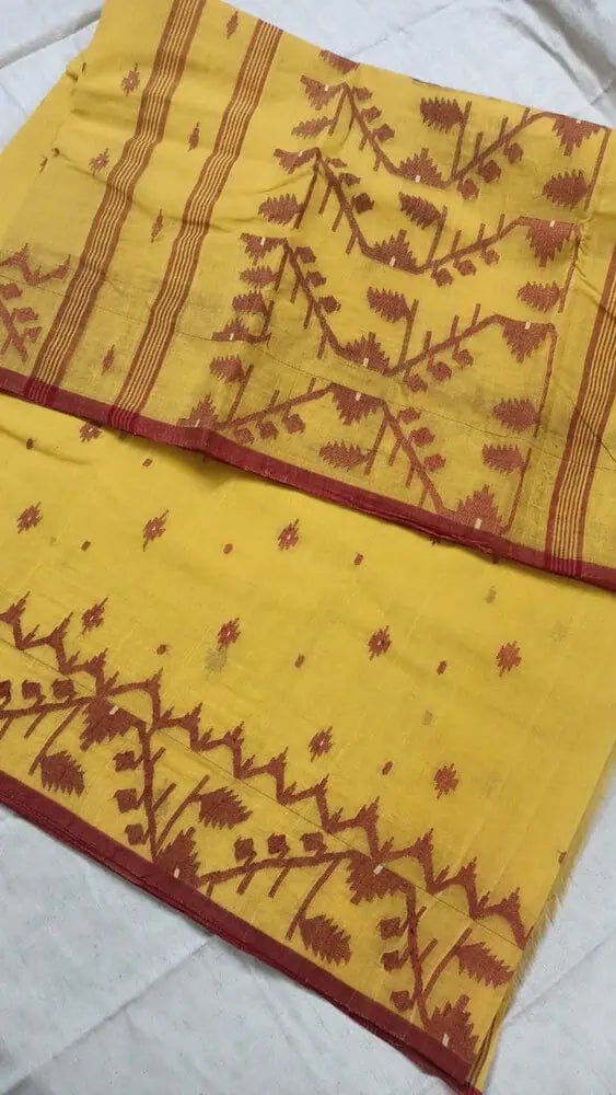 Yellow Cotton Jamdani Saree with Needlework for Durga Puja - Saree - Aakritee - S10439