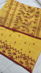 Yellow Cotton Jamdani Saree with Needlework for Durga Puja - Saree - Aakritee - S10439