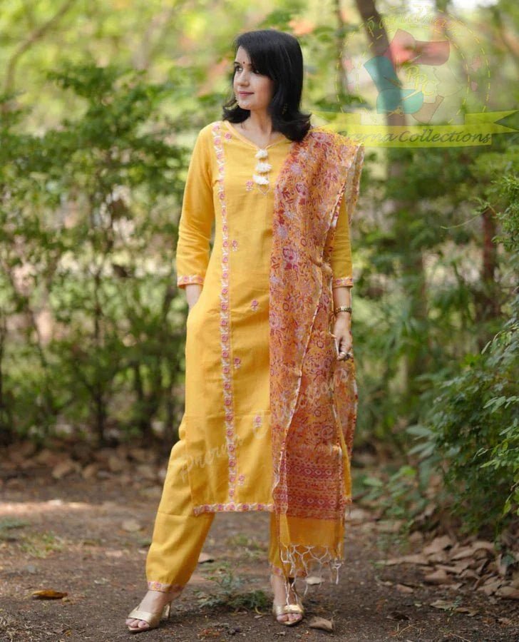 Yellow Cotton Print Salwar/Kurtis Suit with Embroidery for Casual Wear - Salwar/Kurtis suit - Aakritee - SS00010