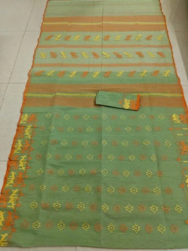 Yellow Dhakai Jamdani Saree with Pistachio Green Accents - Saree - Aakritee - S10637