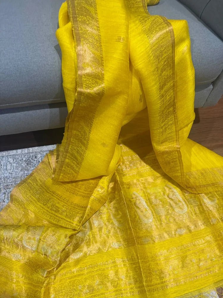 Yellow Pure Matka Baluchari Saree - Saree Pure Matka Baluchari Festive Diwali Yellow Traditional S11278 - Saree - Aakritee - S11278